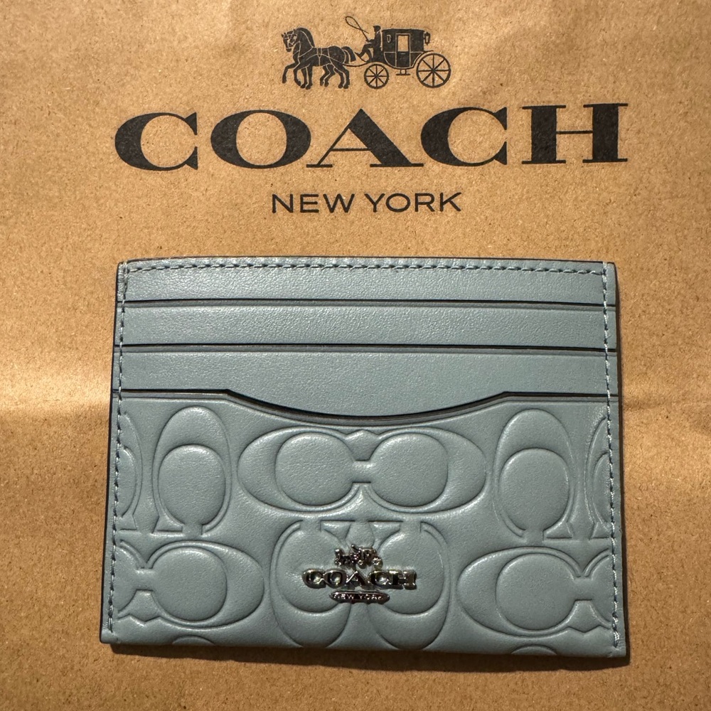 Coach NWT Embossed Calf Leather Slim Card Case Sage Green